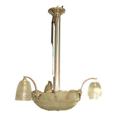 Lustre en verre givré art déco signé frères Muller