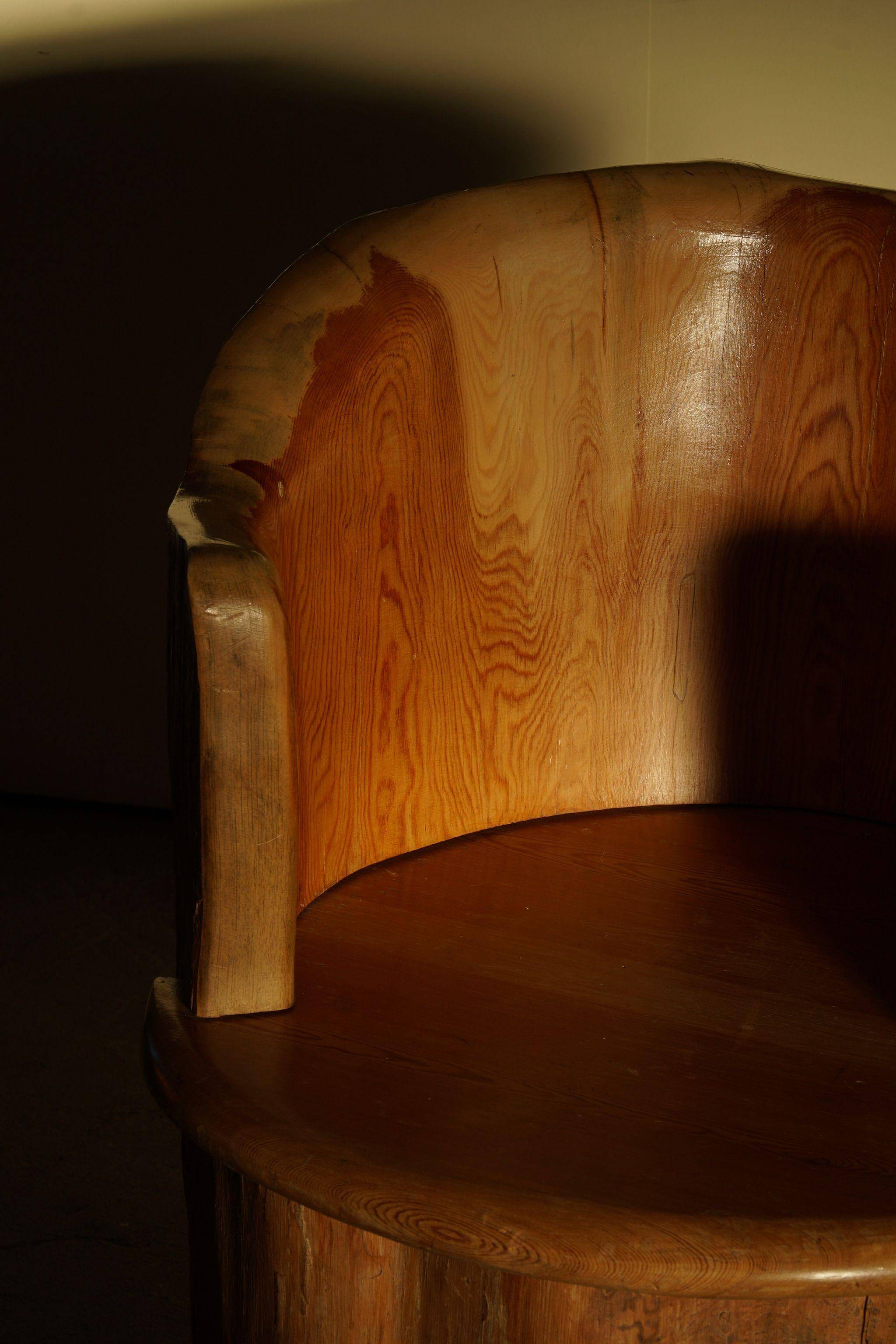 Sculptural stump chair, Brutalism, Wabi Sabi in solid pine, Swedish, 1968.