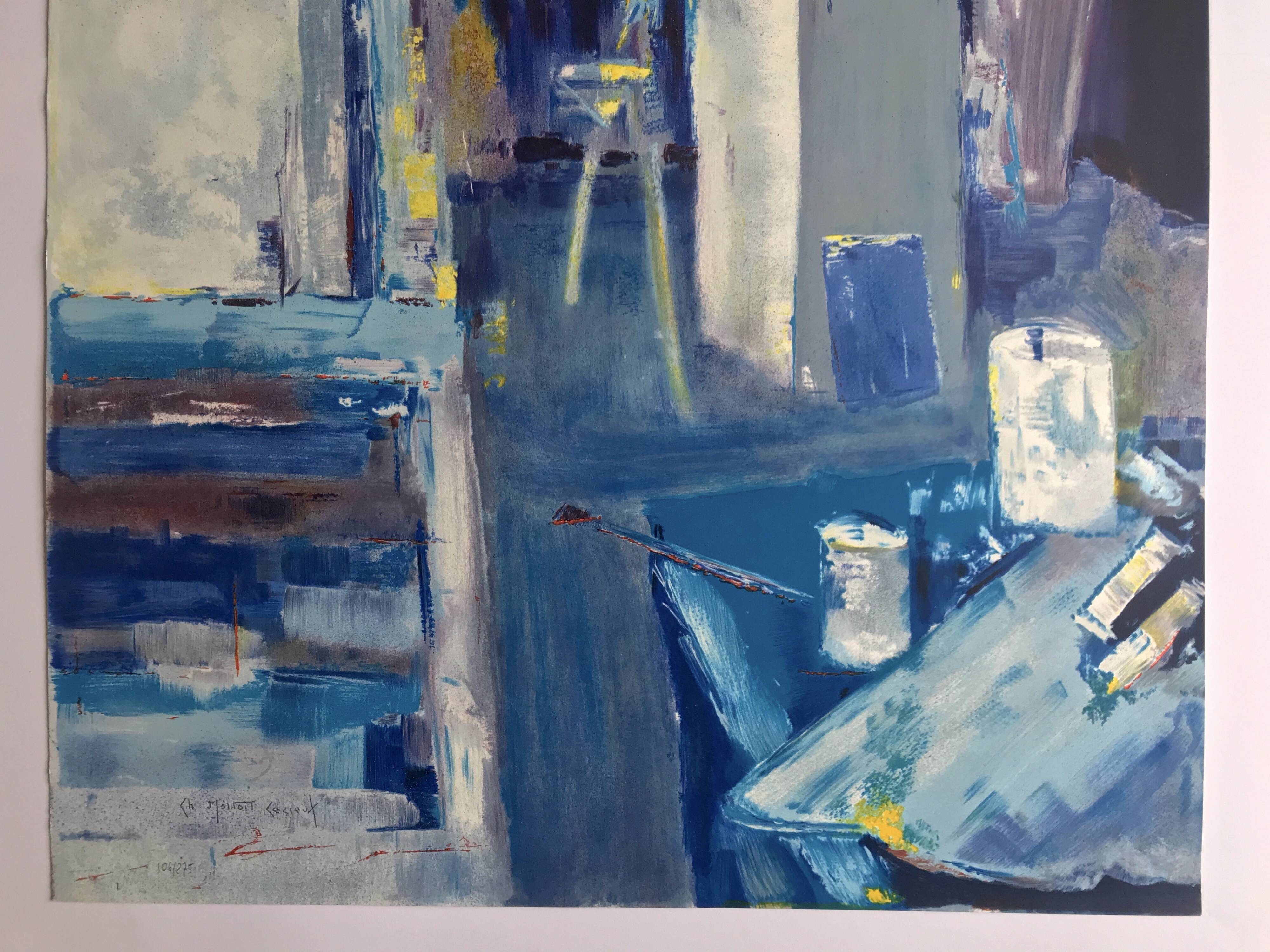 Artist's studio. Original lithograph signed in pencil.