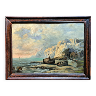 Impressionist painting attributed to F-G Engler, oil on canvas, romantic seascape.