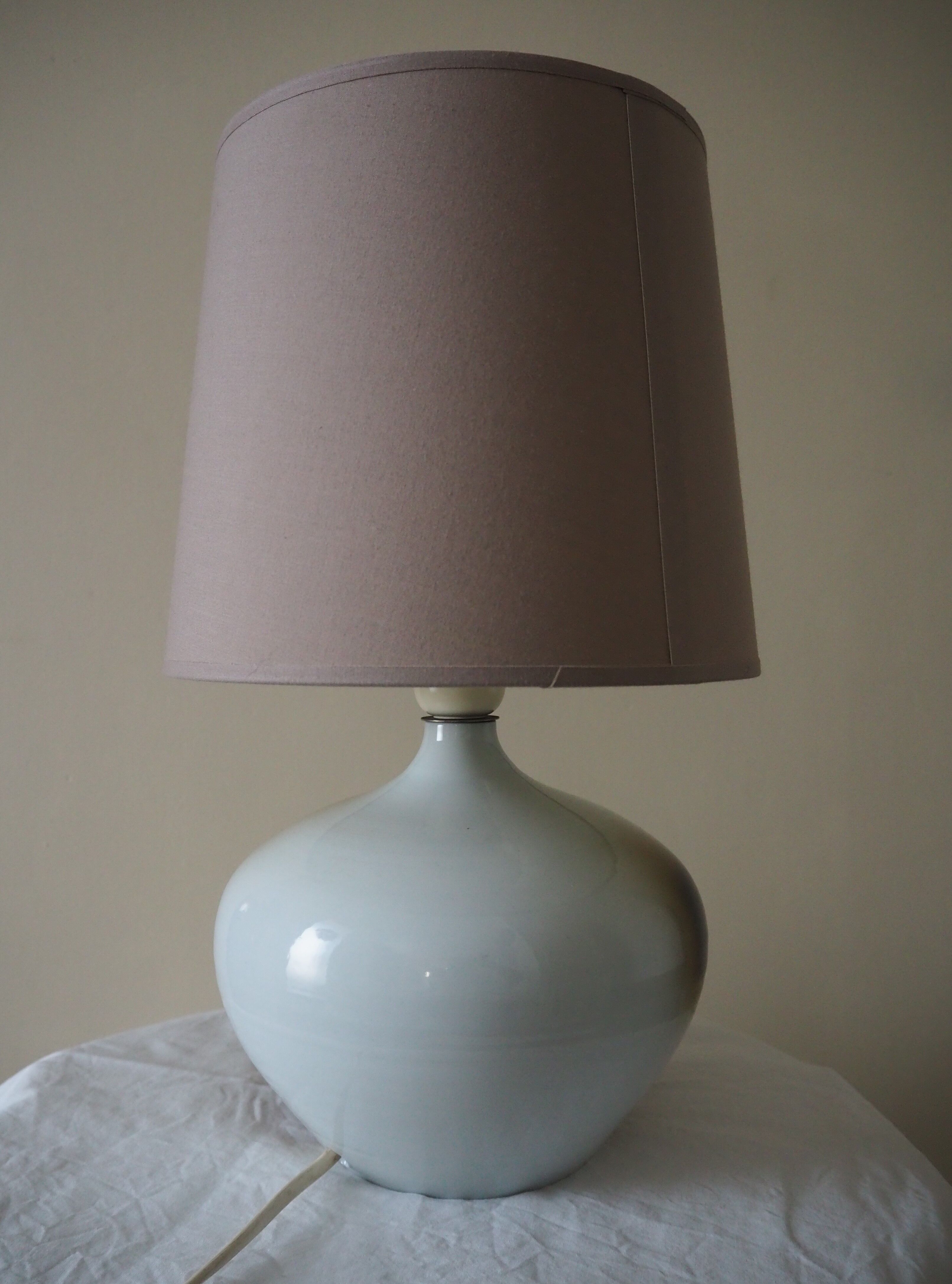 Enamelled ceramic ball lamp signed bossis and fabric lampshade