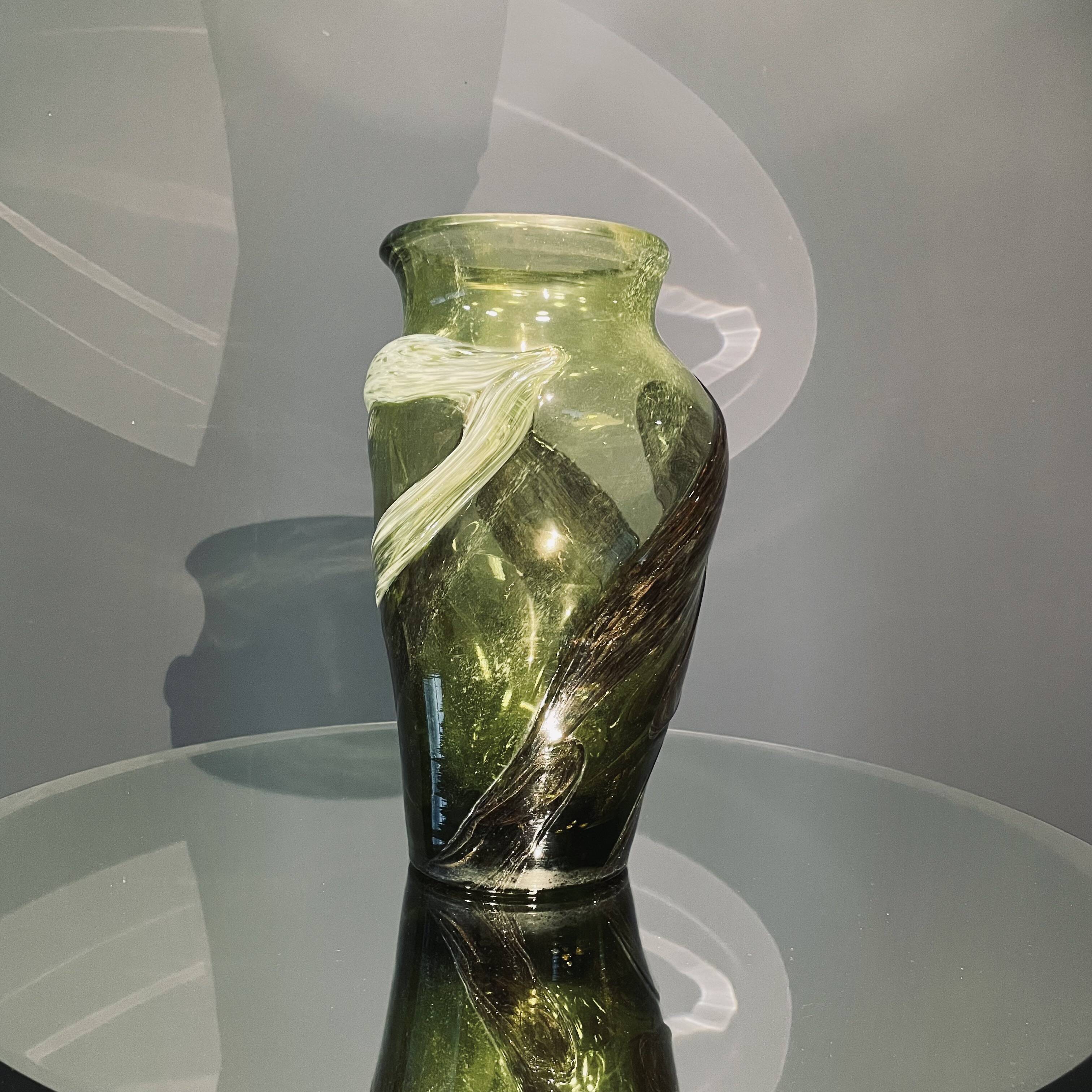 Large Green Coloured Glass Vase, Signed by Winnowski, Biot, France, 1990s