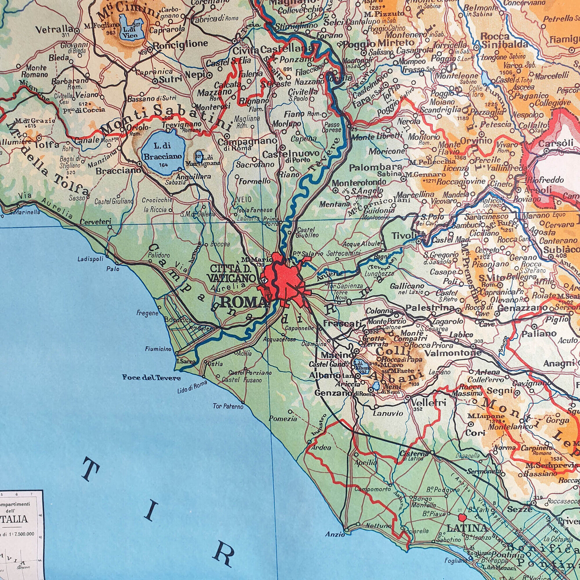 Vintage school map of Lazio and Umbria in Italy