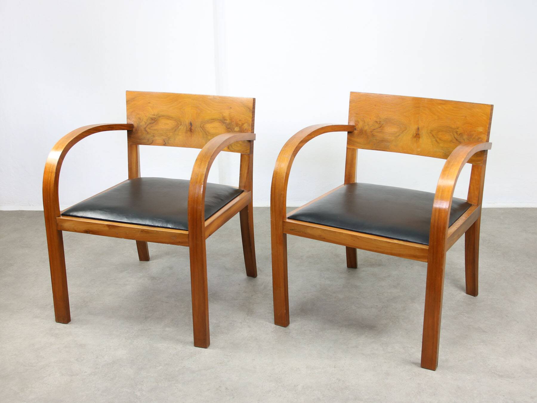 Italian Art Deco Lounge Chairs in Wood & Black Leatherette, set of 2
