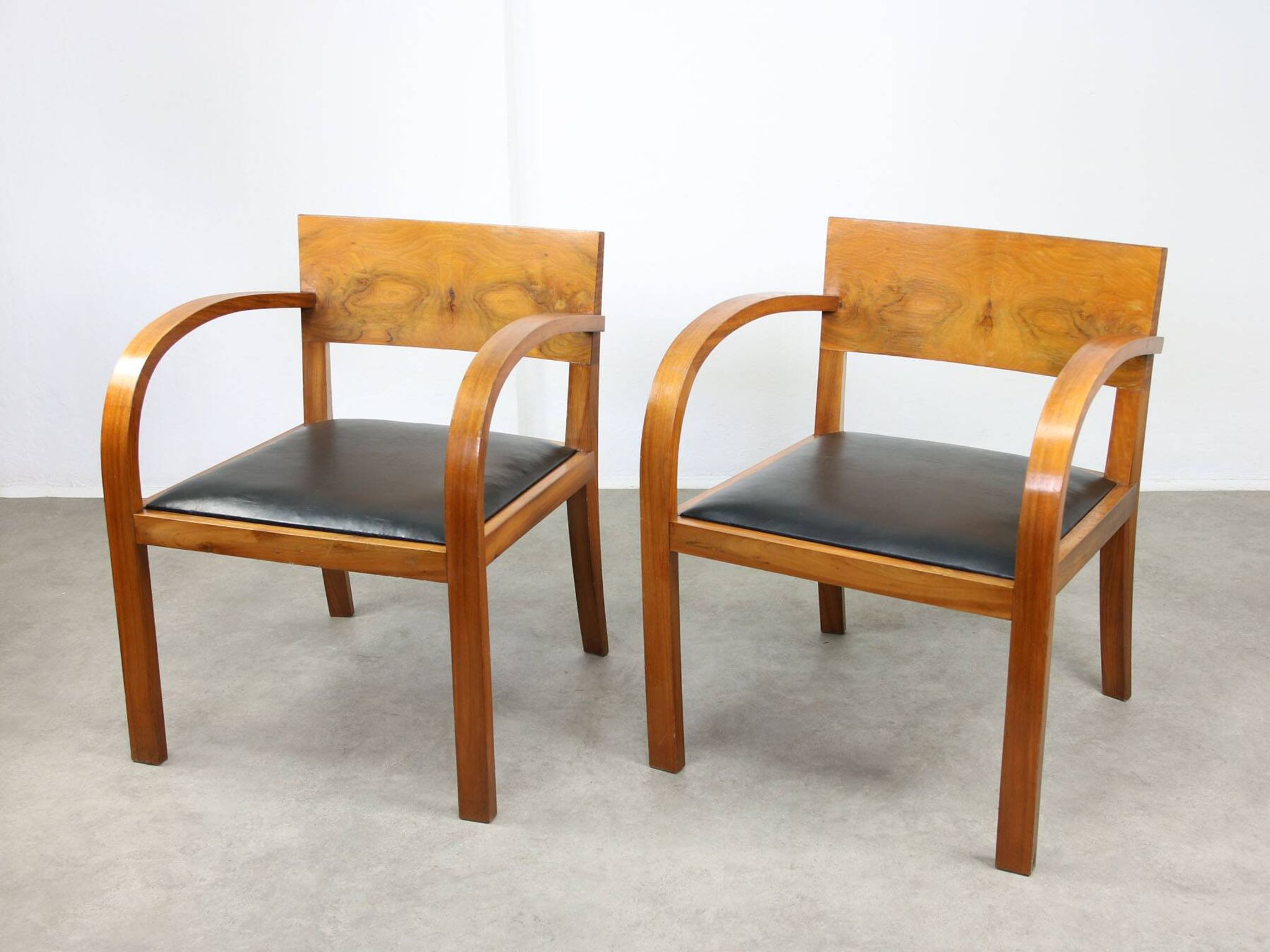 Italian Art Deco Lounge Chairs in Wood & Black Leatherette, set of 2