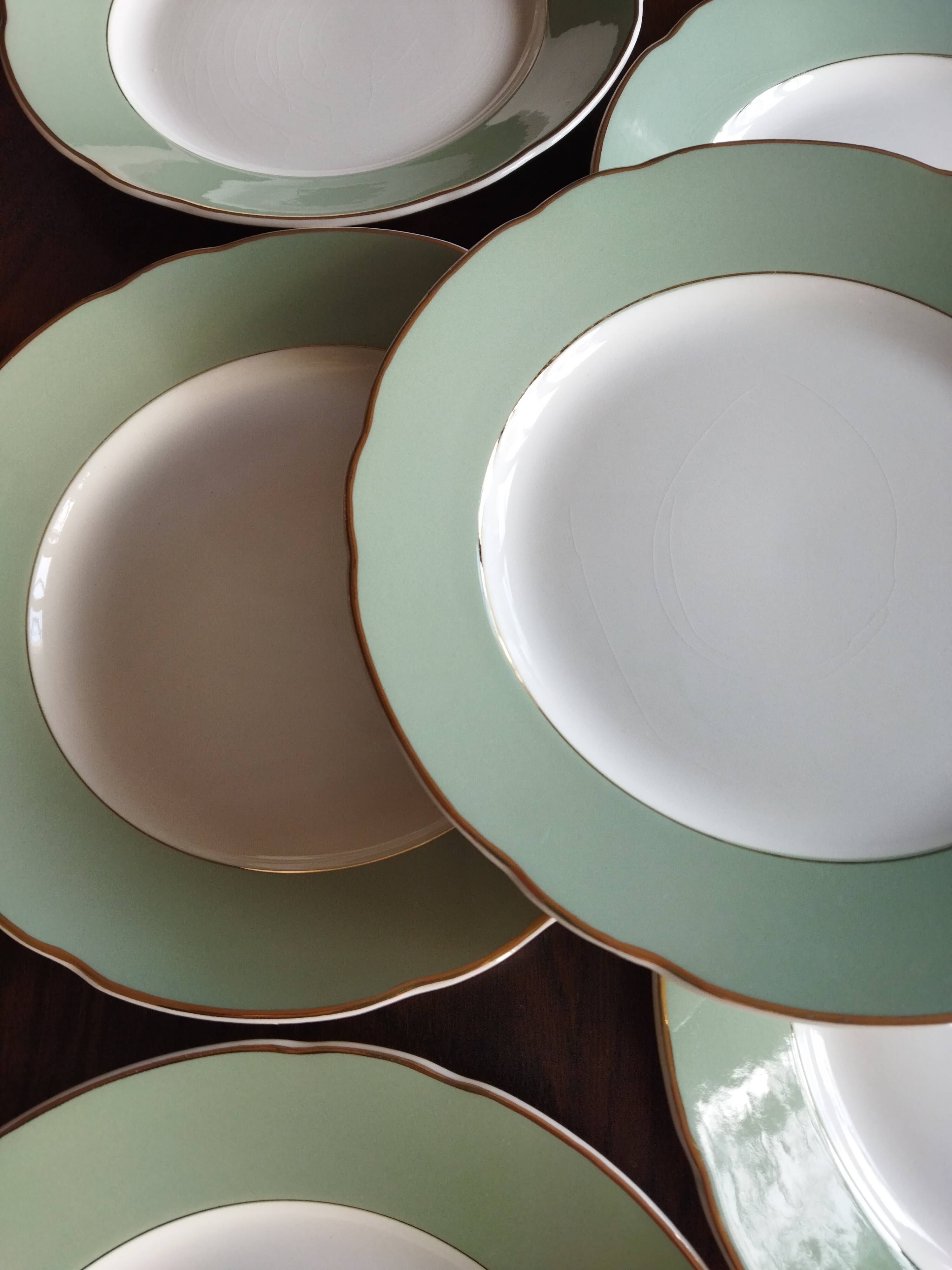 6 flat plates Villeroy & Boch Mettlach celadon green and vintage gold 1960s