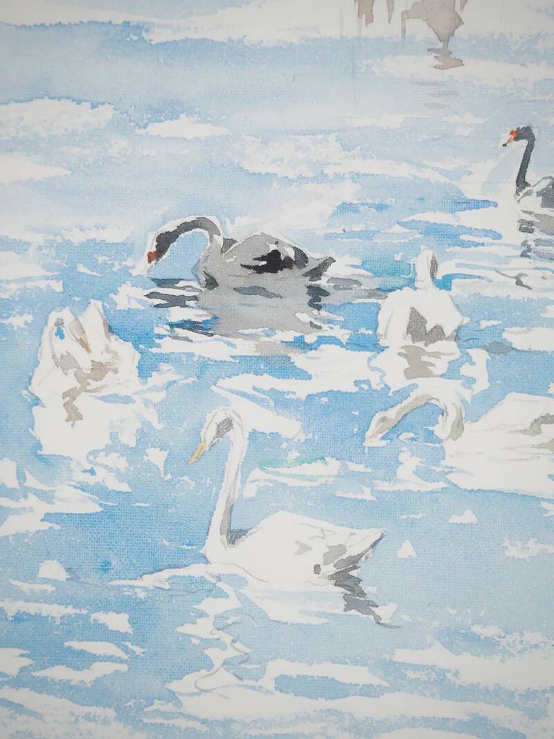 René LEVERD: Switzerland, Swans of Geneva, Original watercolor