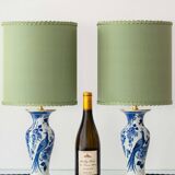 Pair of Chinese table lamps in Delft blue ceramic with new green silk shades.