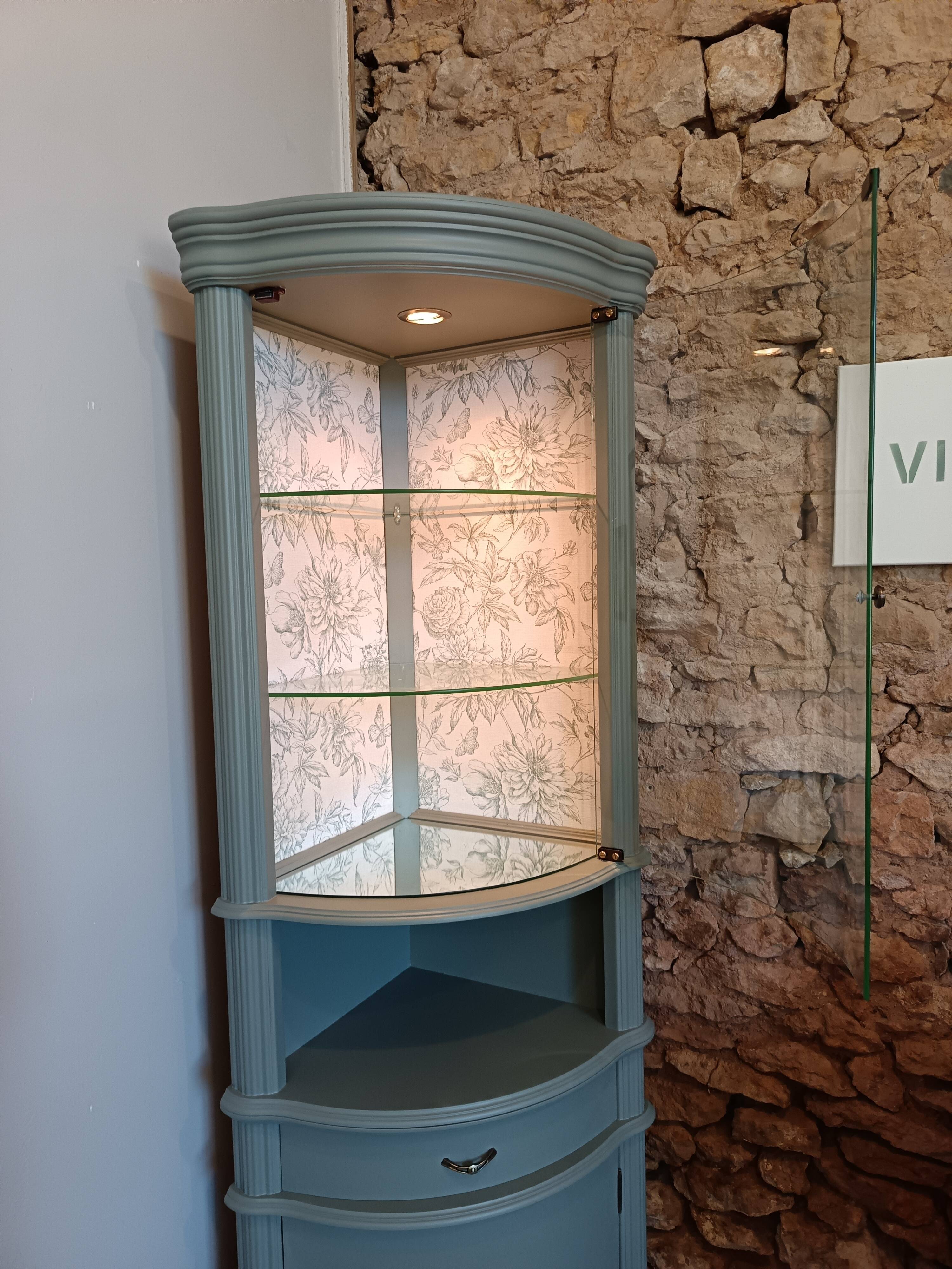 Vitrine vaisselier d'angle vert bronze