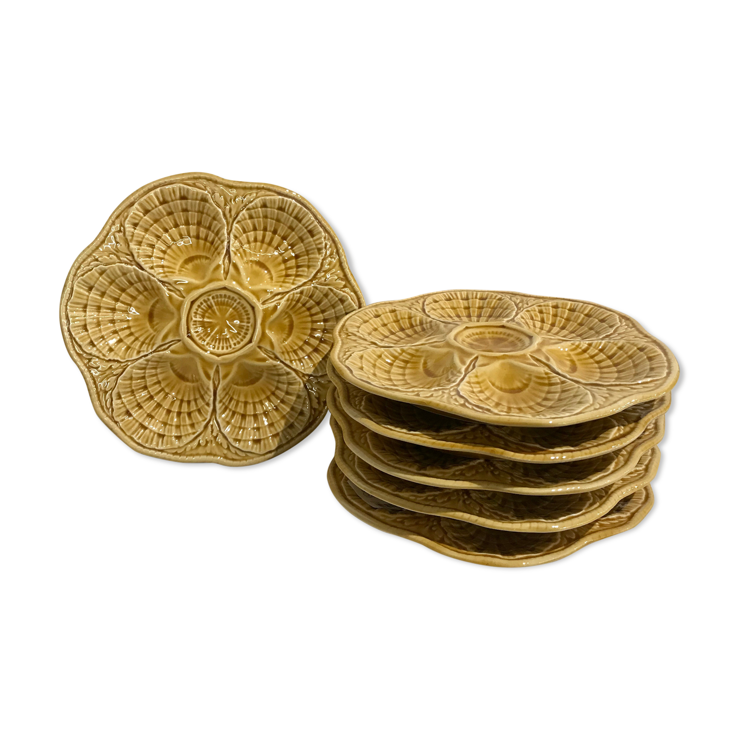 Set of 6 digoin Sarreguemines oyster plates in mustard yellow slurry