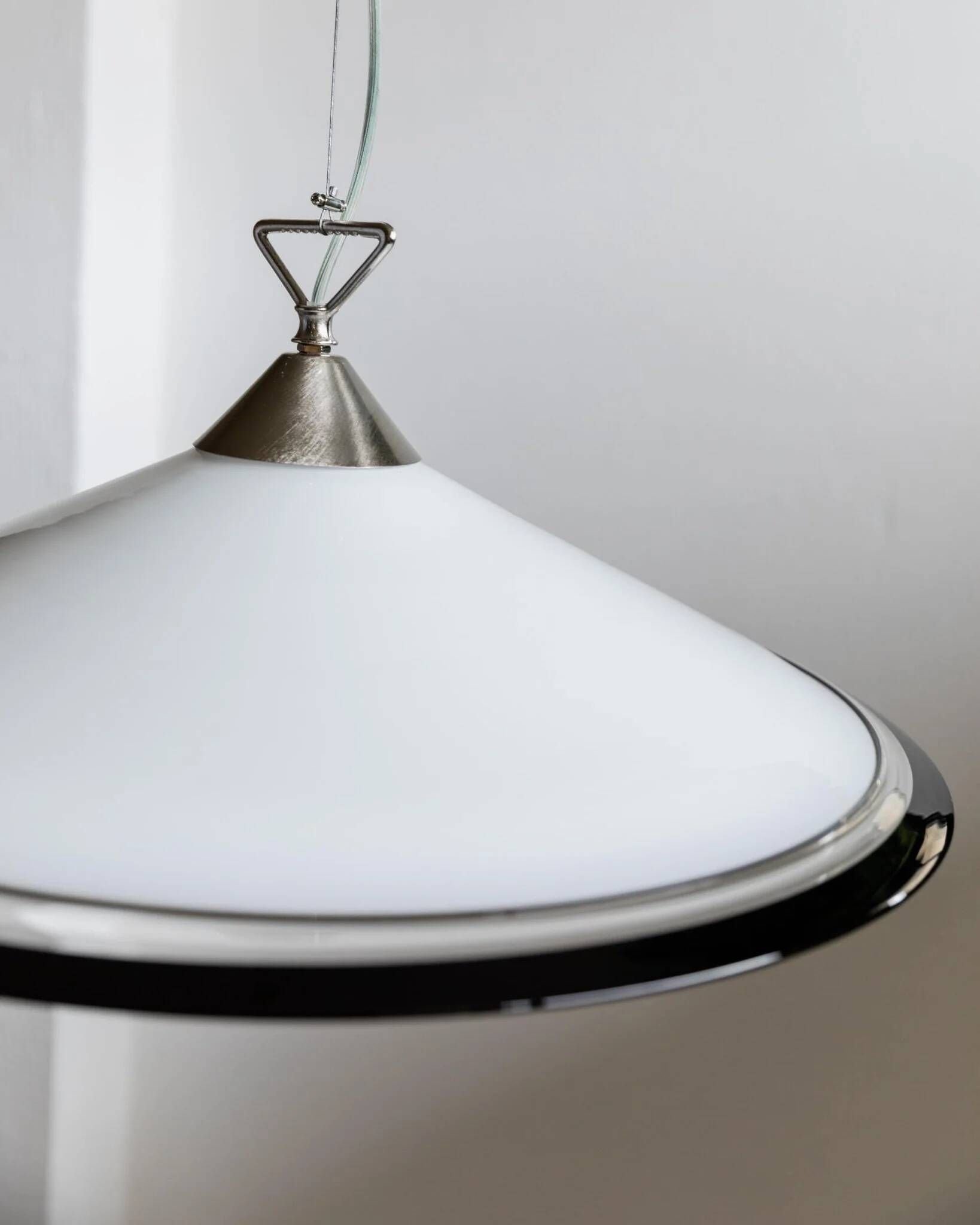 Vintage Murano glass ceiling light - timeless shape, white glass with black edge, stainless steel - Italy 1970s - kitchen lamp, gift