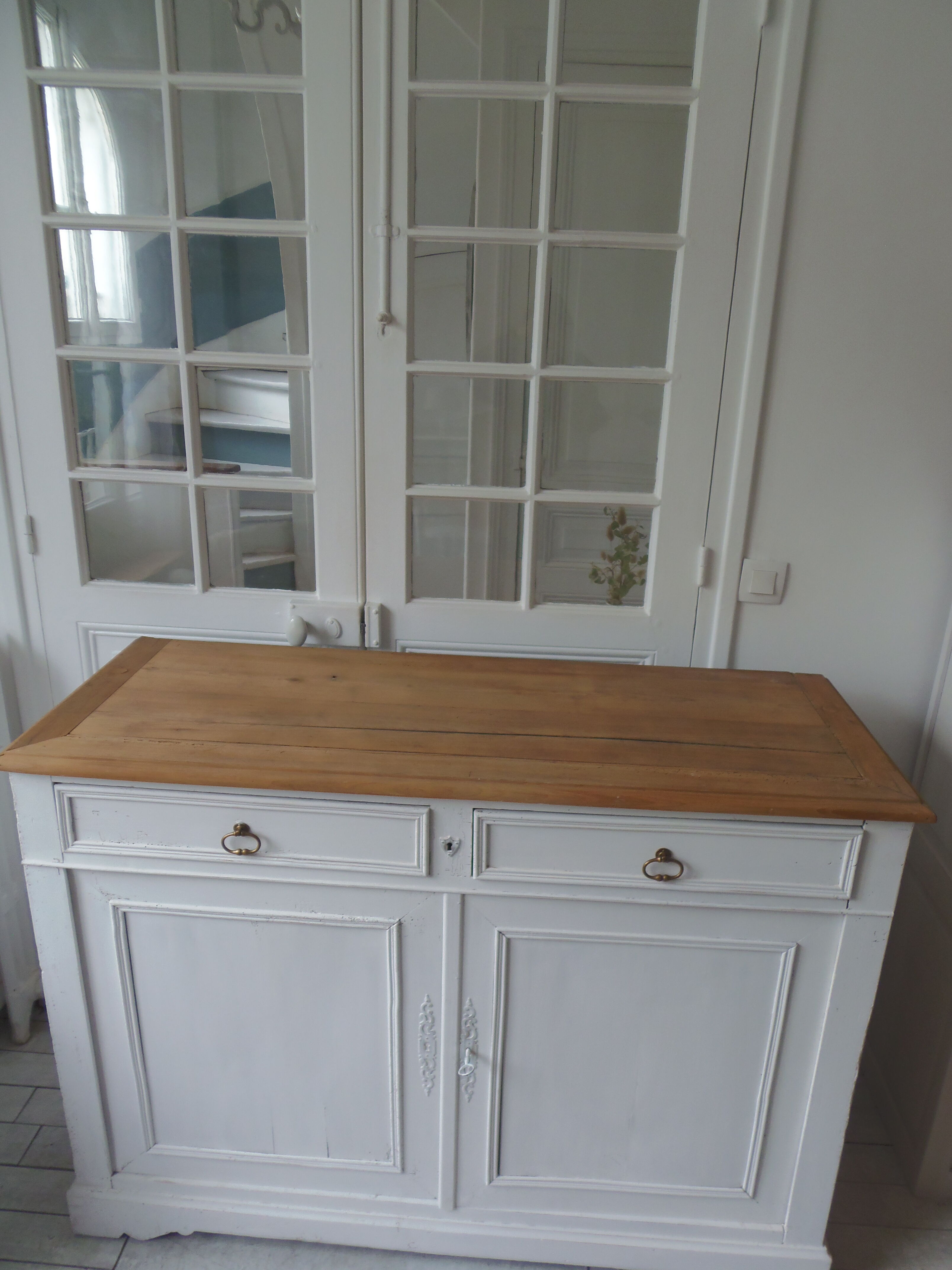Antique sideboard patinated pearl gray waxed finish, wood top protected by varnish