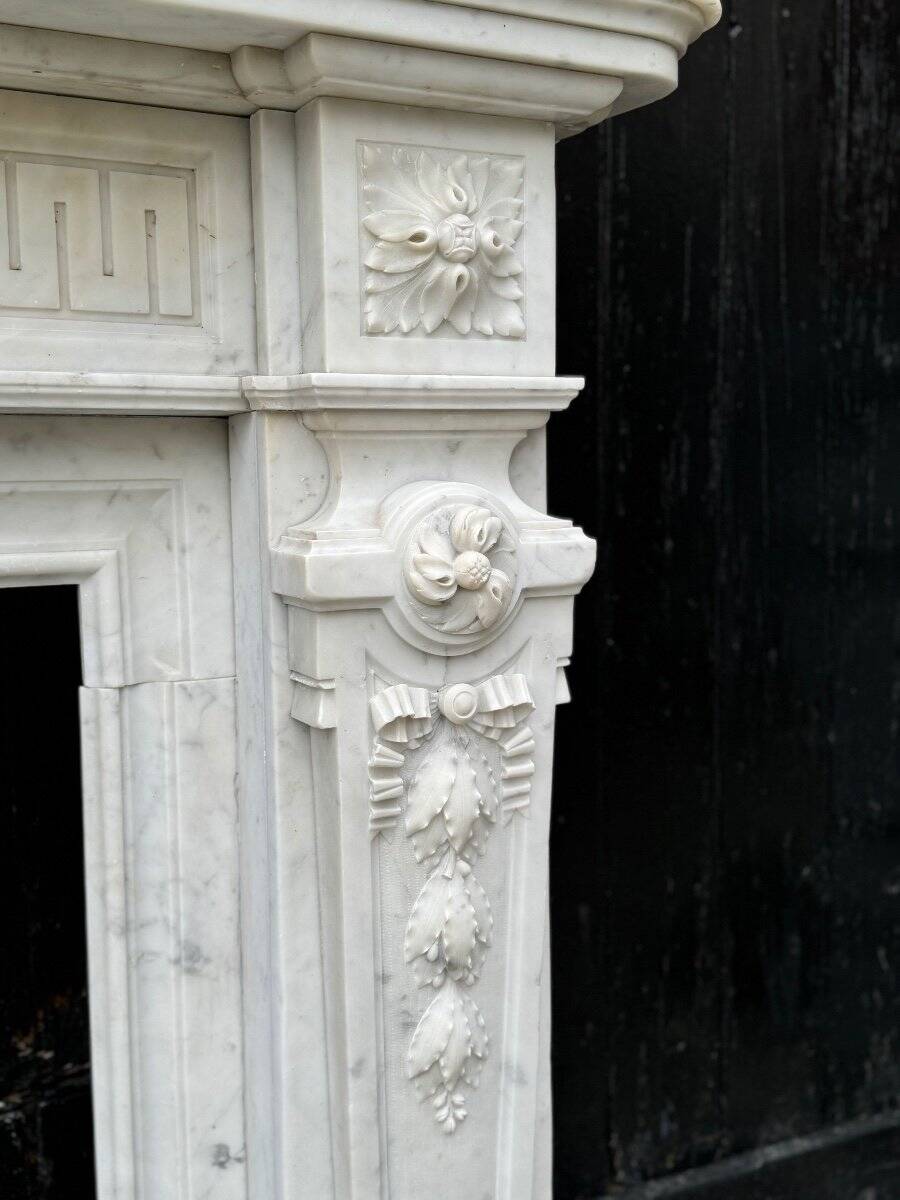 Louis XVI Style Fireplace in White Carrara Marble Circa 1880