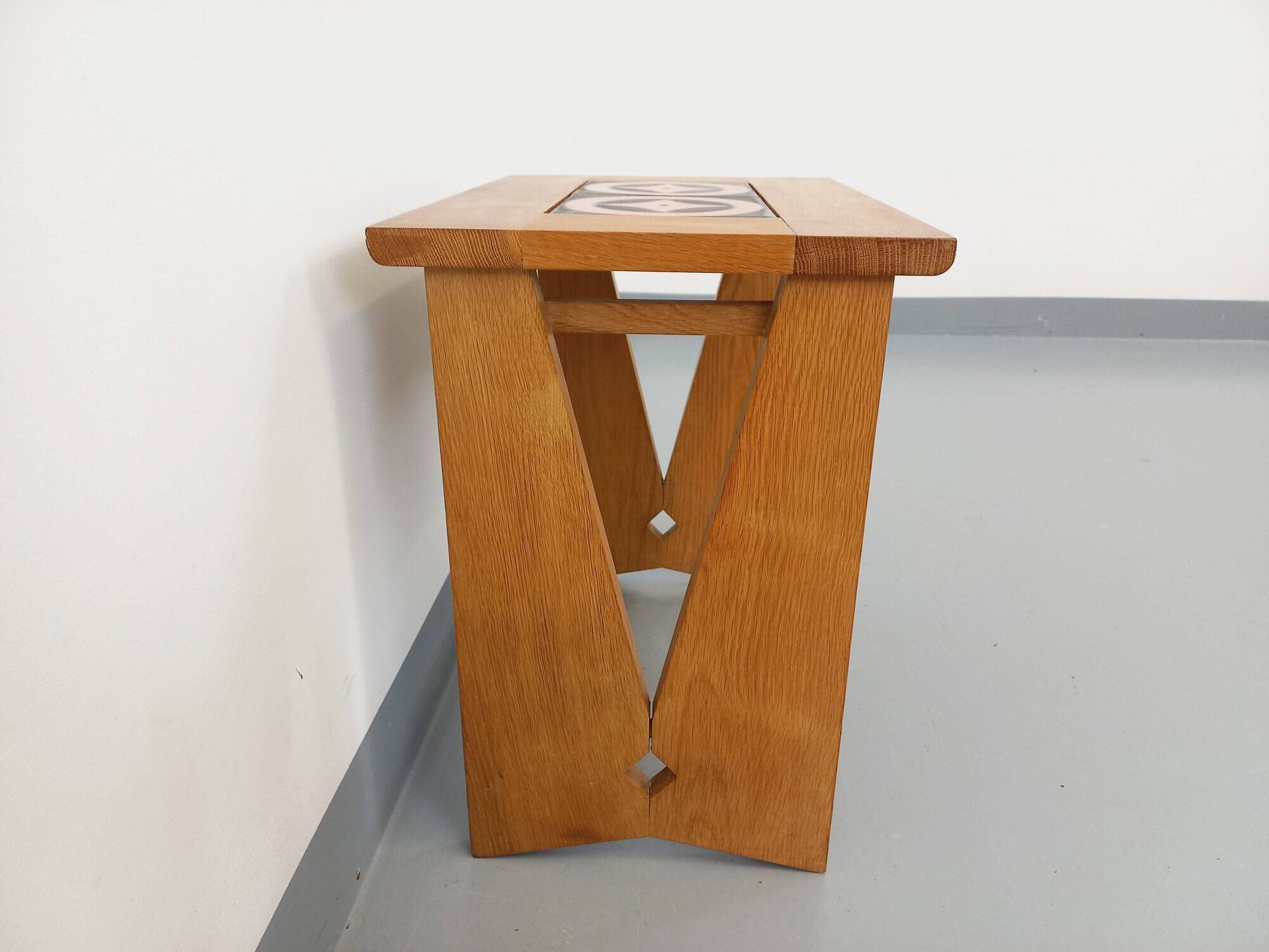 Vintage Guillerme and Chambron coffee and side table in solid oak and ceramic from the 50s and 60s
