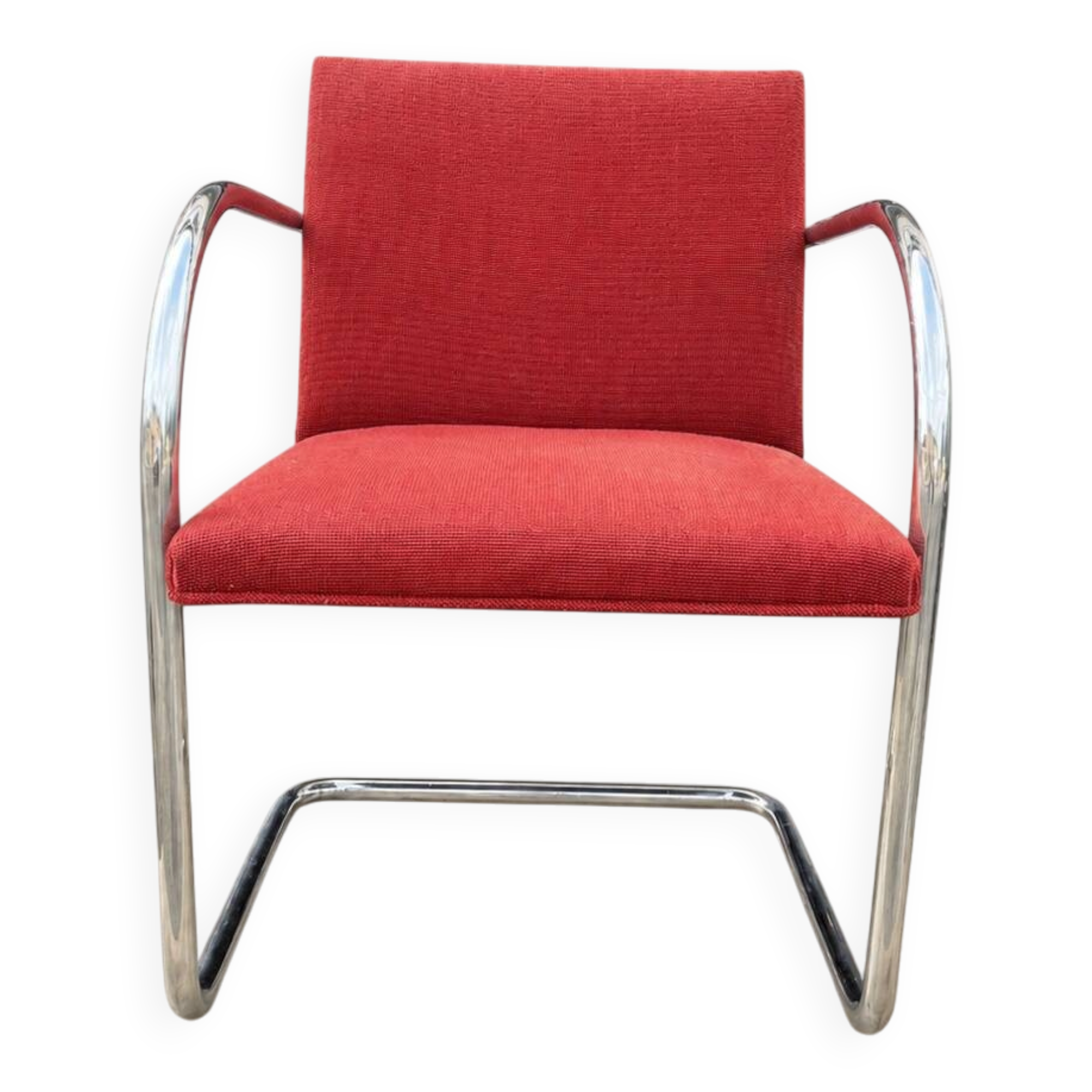 Vintage cantilever chair in chrome and burgundy fabric.