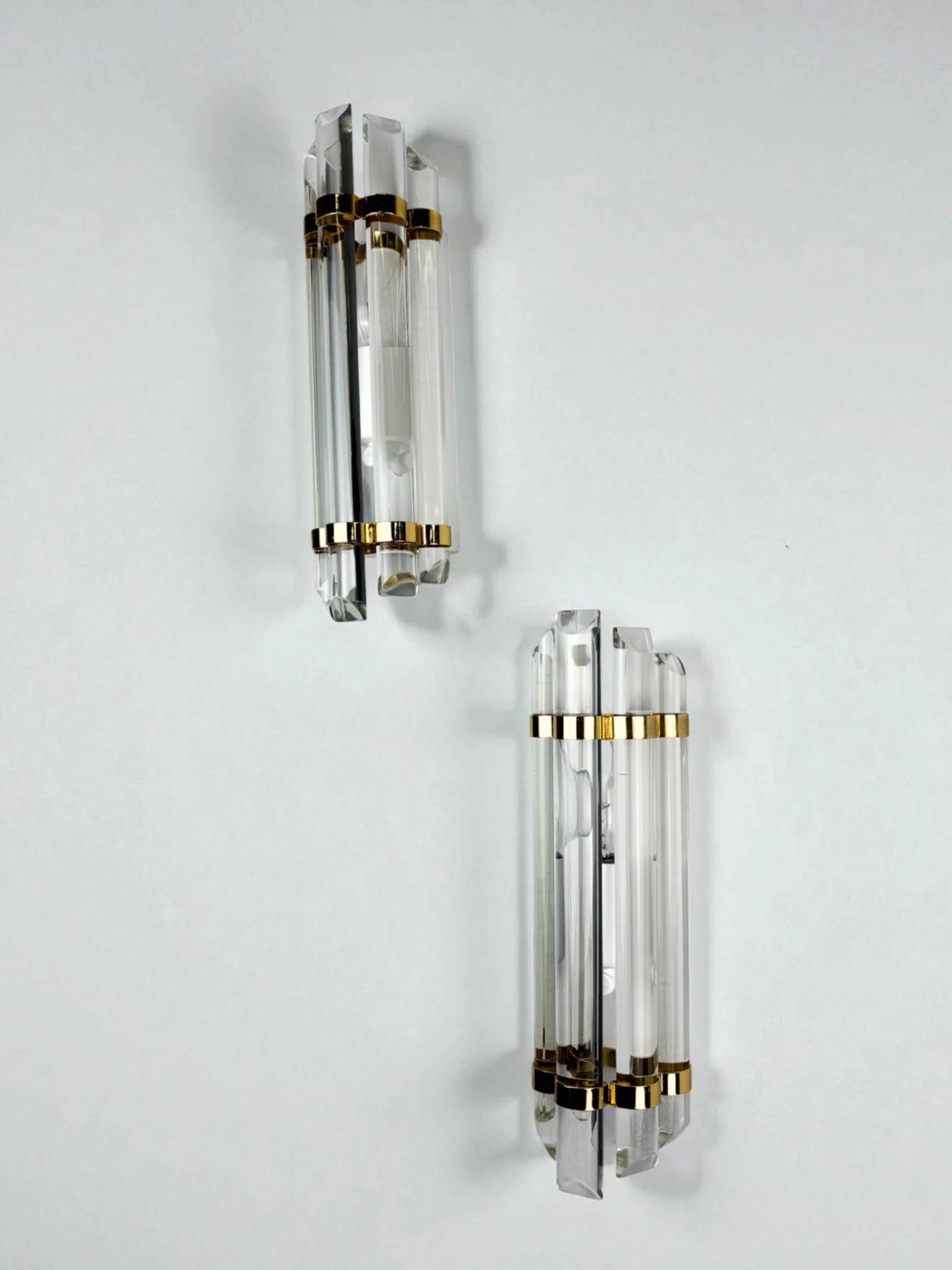 Pair of Venini half-moon wall lights – cut crystal glass & brass, Italy 1970s