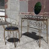 Dressing table and chair in gilded metal and opaline glass.