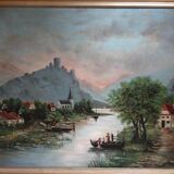 Animated landscape, washerwomen by the river, 81 x 70 cm, Oil on canvas XIXth by E. AYGAL