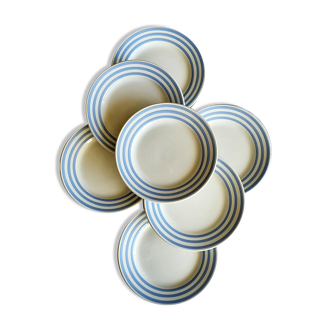 Set of 7 porcelain dessert plates blue borders