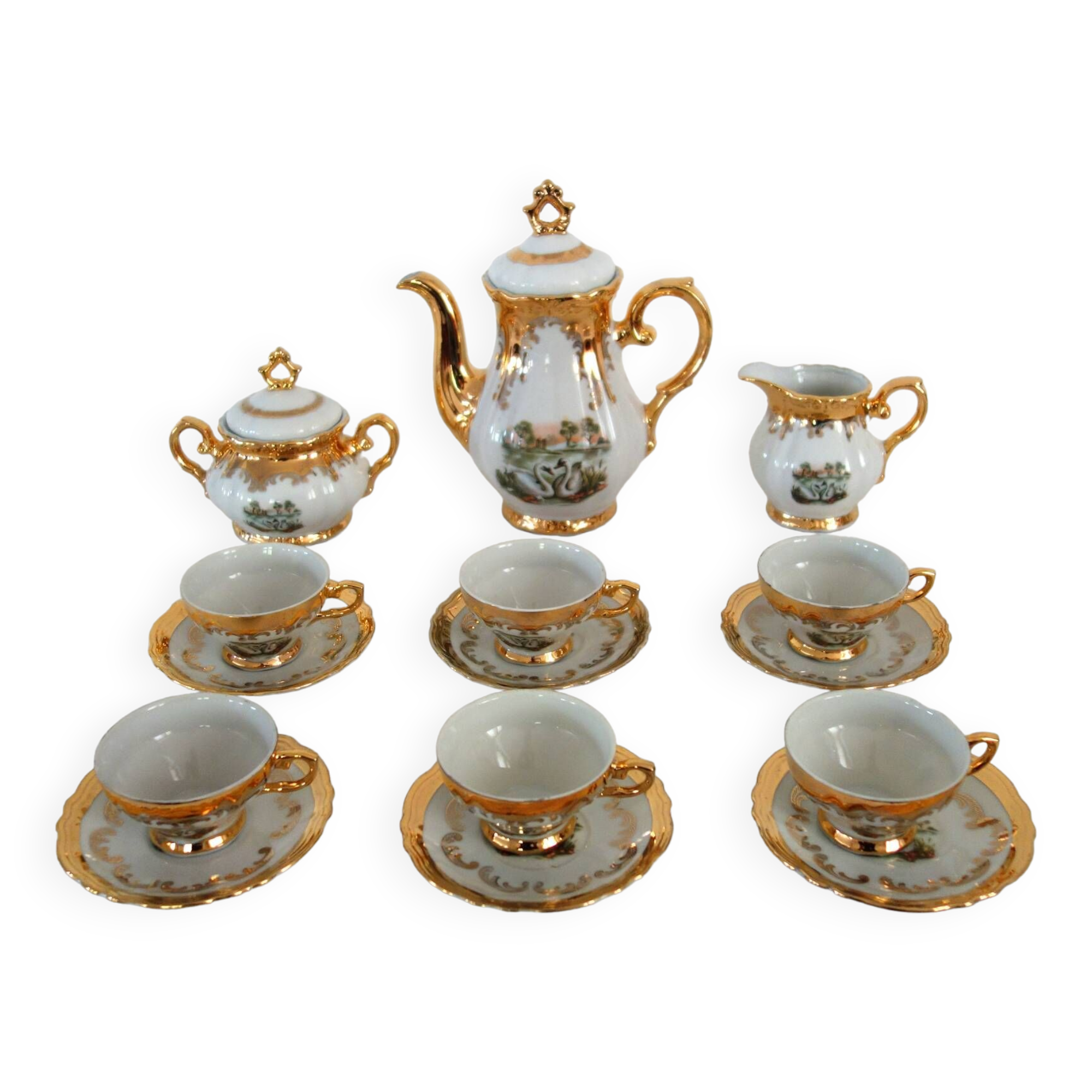Coffee service 6 cups Swan Lake vintage Italian porcelain