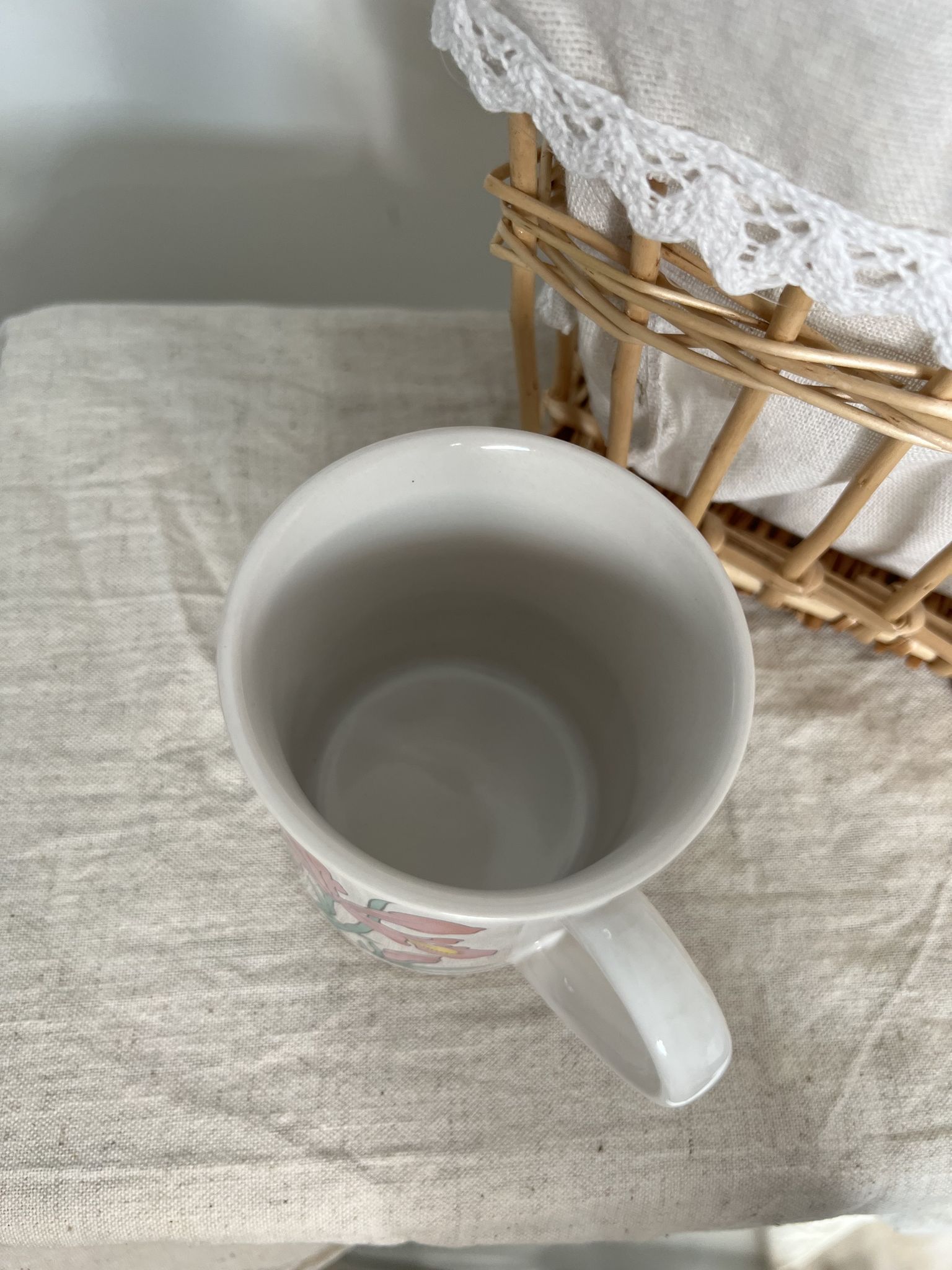Vintage white porcelain mug or mug retro floral pattern