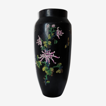 Black sandstone vase? ceramics? Japanese? Artisanal painting of flowers and birds 26 cm high