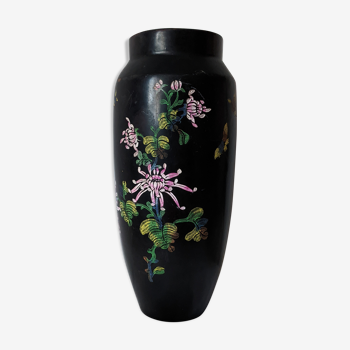 Vase grès noir peinture artisanale de fleurs et d'oiseaux 26 cm de hauteur