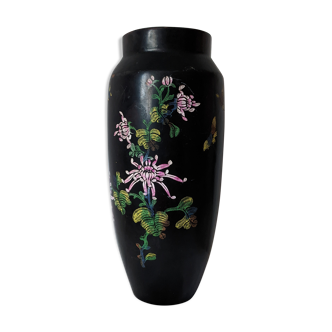 Vase grès noir peinture artisanale de fleurs et d'oiseaux 26 cm de hauteur