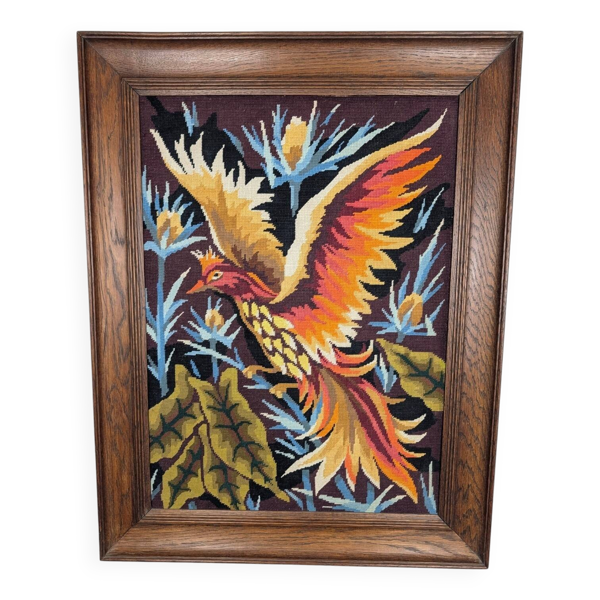 Canevas brodé oiseau de feu encadré