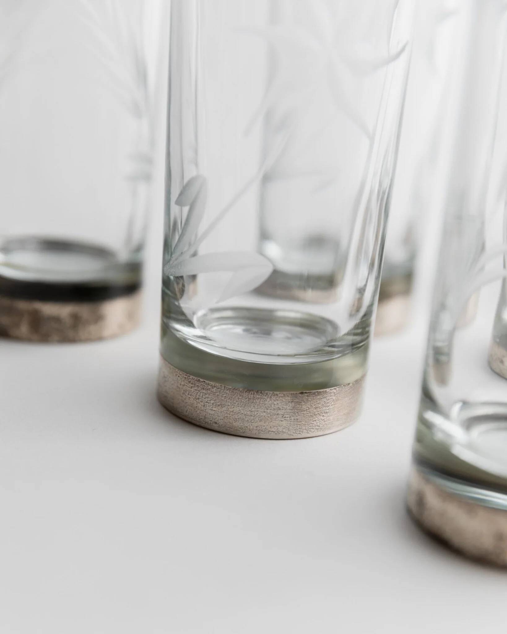 Silver Base Clear Glass Set of 6 - Italian 1960s Etched Wheat and Floral Design