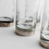 Silver Base Clear Glass Set of 6 - Italian 1960s Etched Wheat and Floral Design