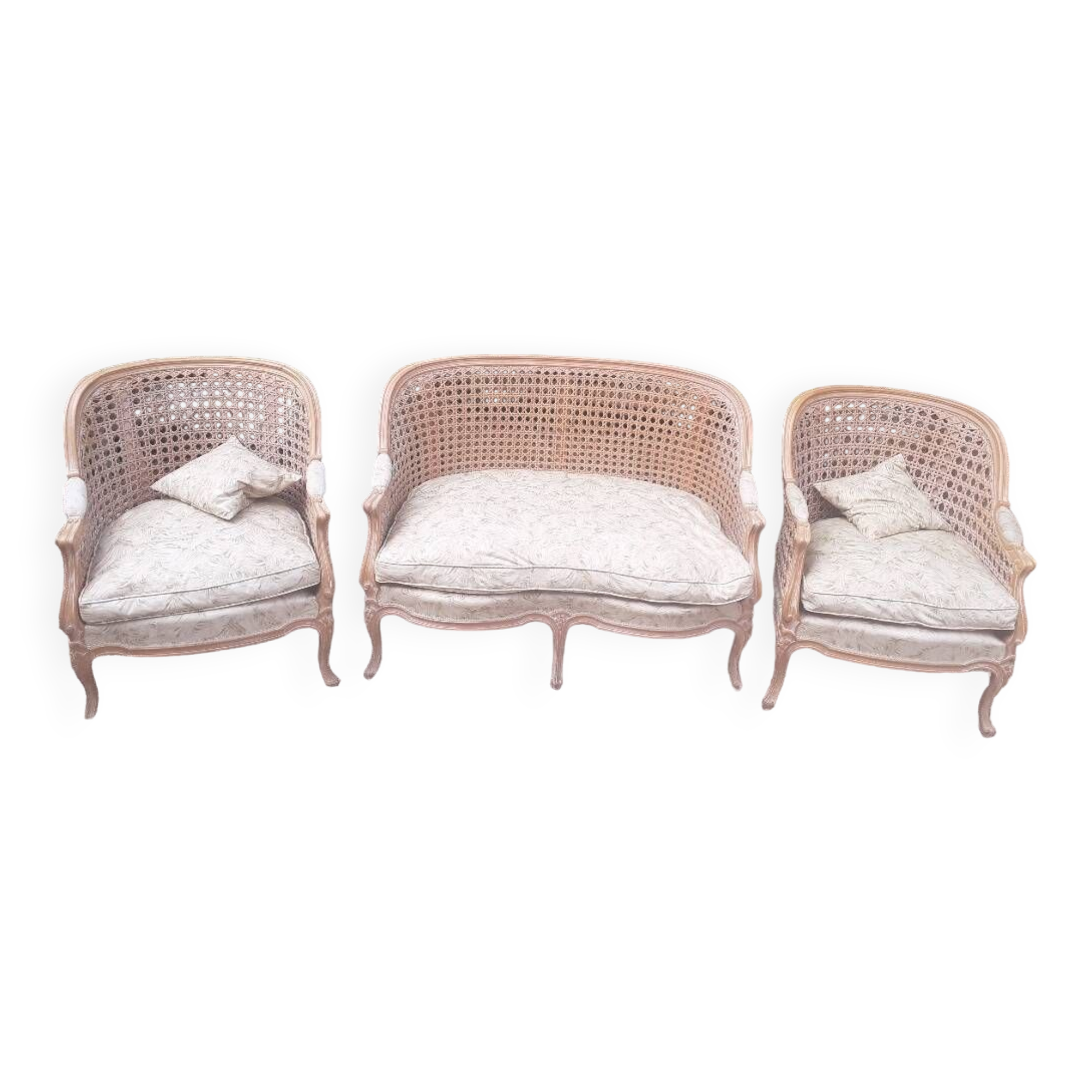 Louis XV style living room sofa and 2 armchairs - canework and carved wood