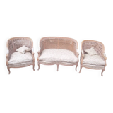 Louis XV style living room sofa and 2 armchairs - canework and carved wood