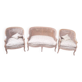 Louis XV style living room sofa and 2 armchairs - canework and carved wood