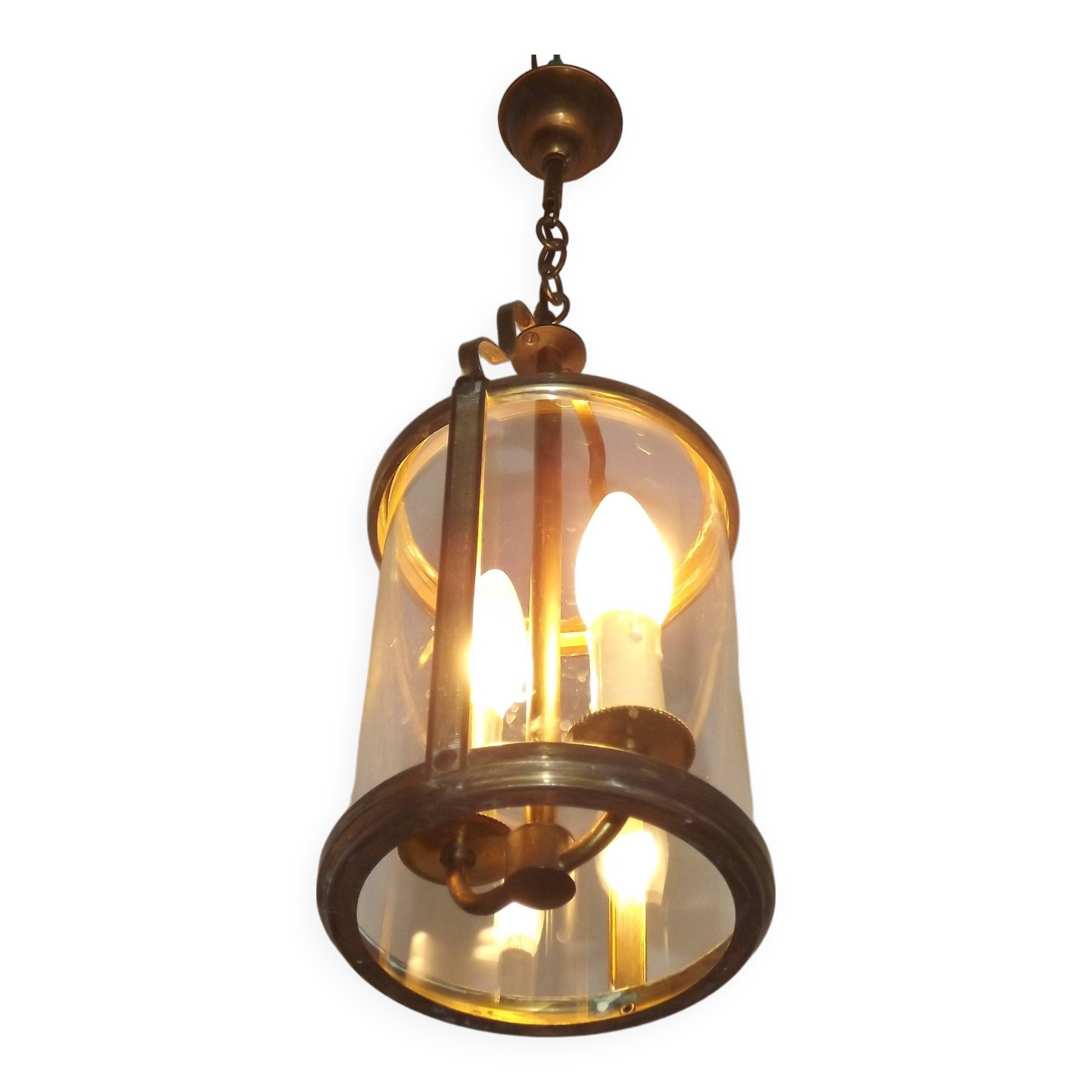 French Vintage Brass 2 Light Hanging Lantern With Cylindrical Glass Shade 4948