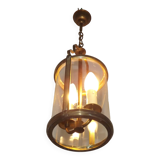 French Vintage Brass 2 Light Hanging Lantern With Cylindrical Glass Shade 4948