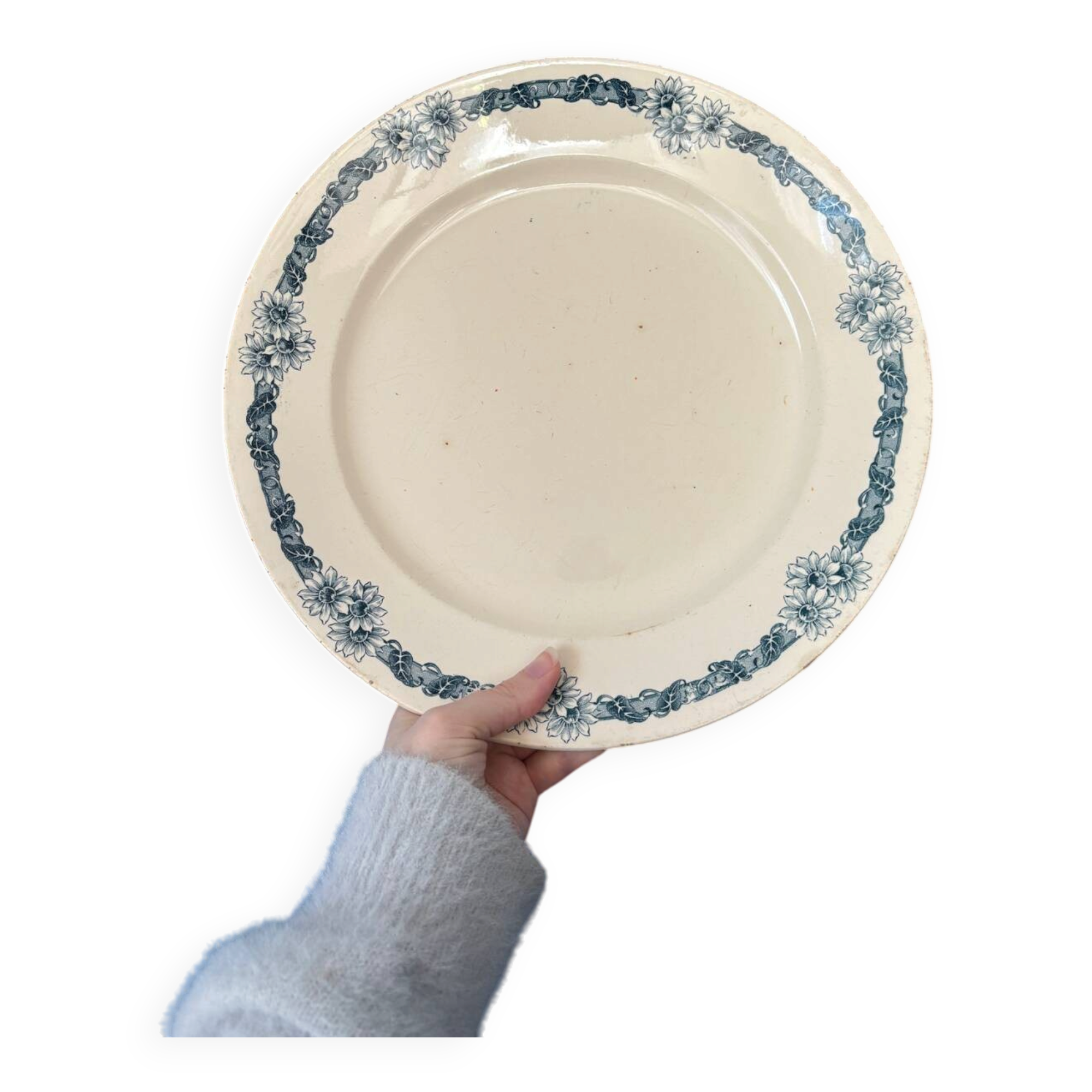 Large ironstone serving platter Longchamp model Denise vintage blue