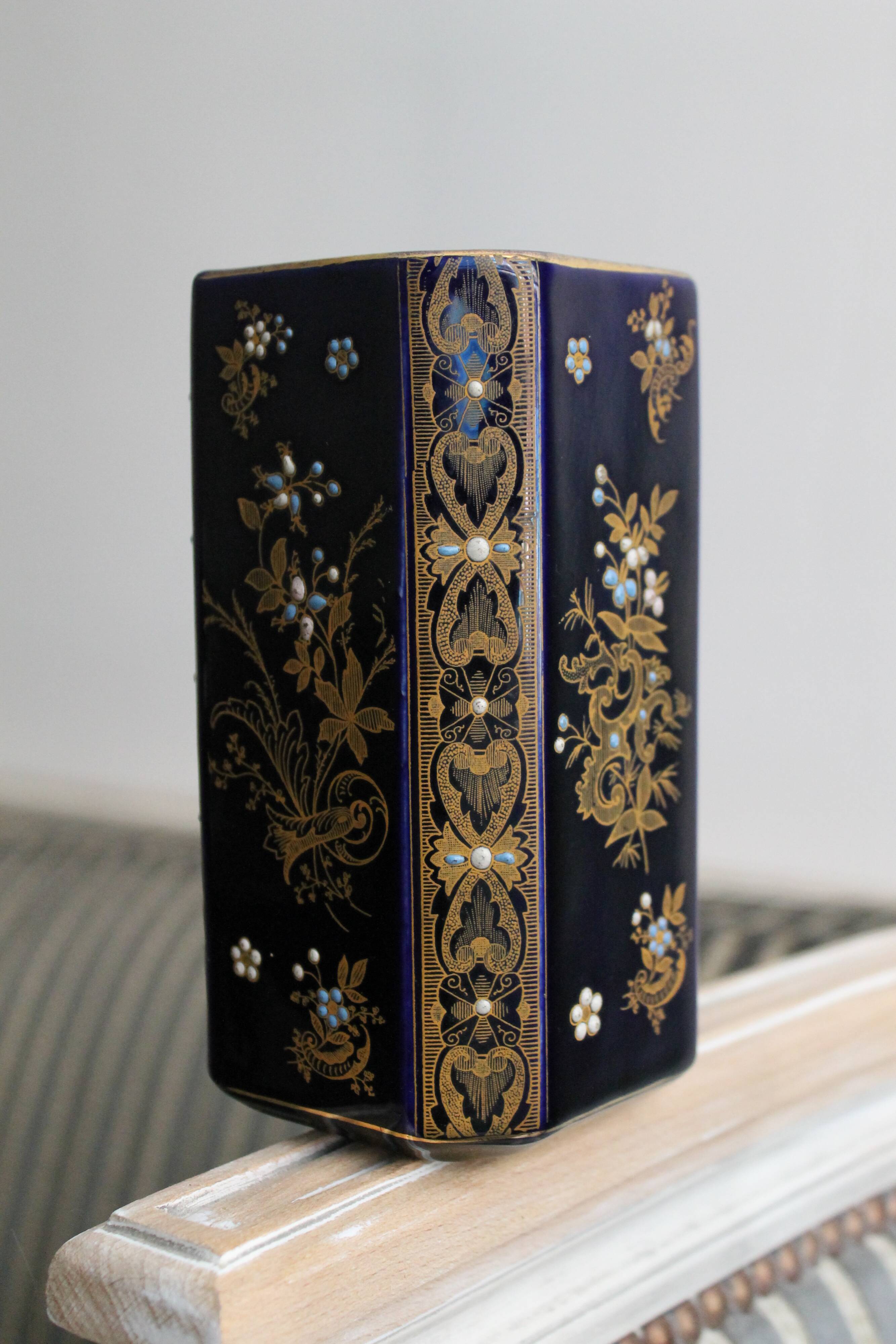 Gien navy blue and gold ceramic vase