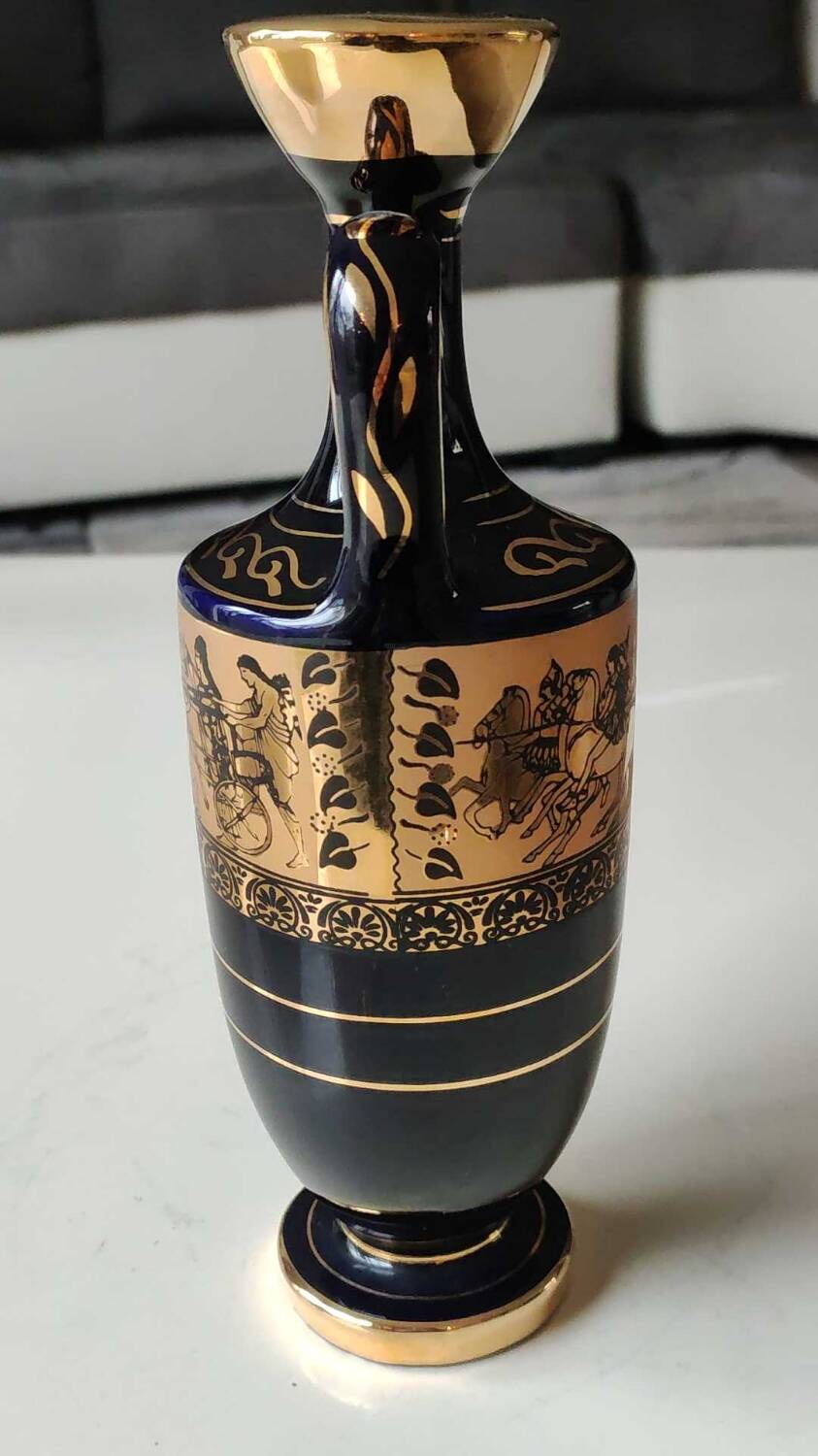 Greek Amphora Vase/Scenes of life Greek Mythology. Signed KA. Handmade in Greece, gilded with 24c fine gold. High 22.5 cm