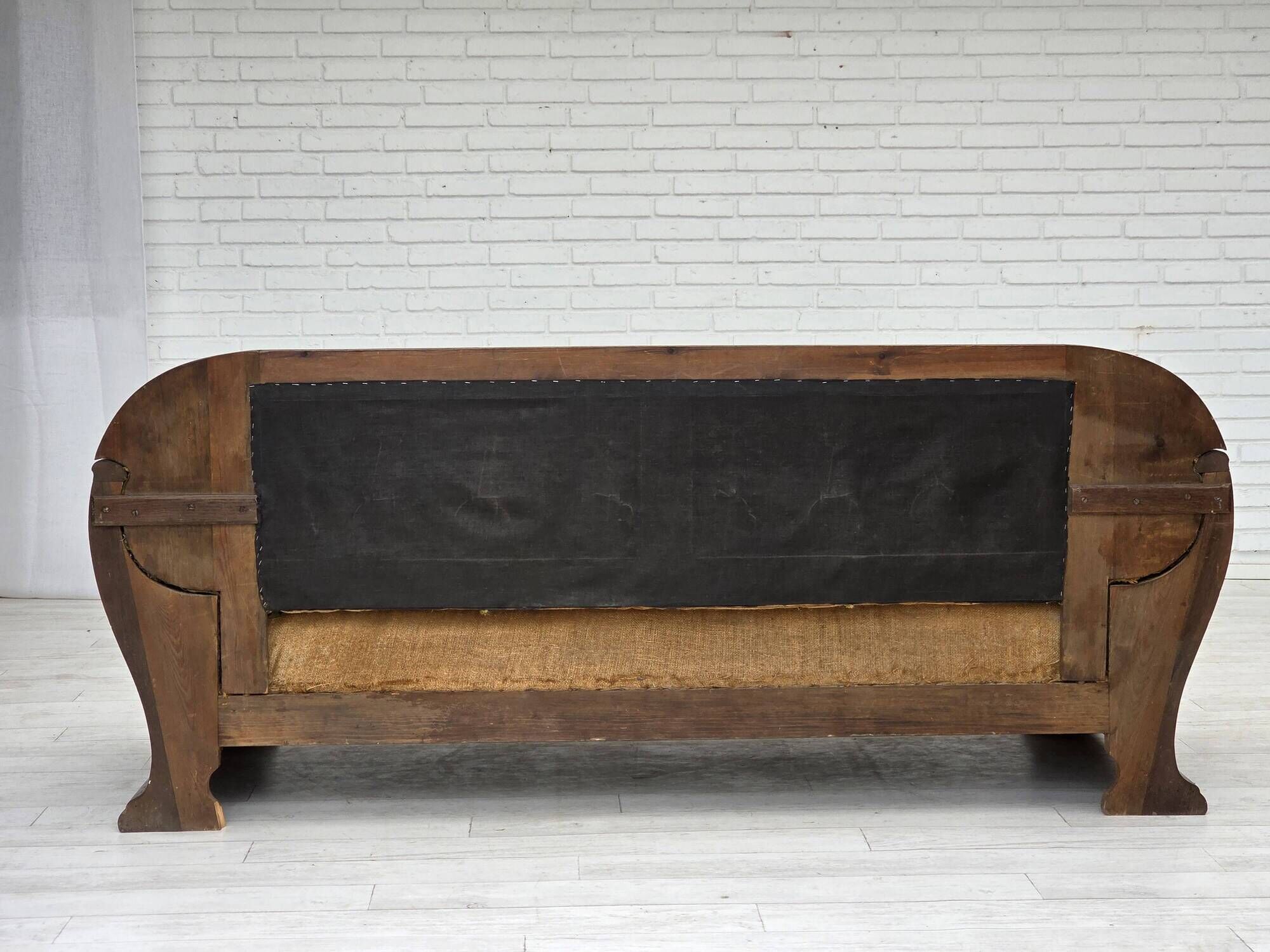 1950s, Danish 3-seater sofa, green furniture velour, oak wood.
