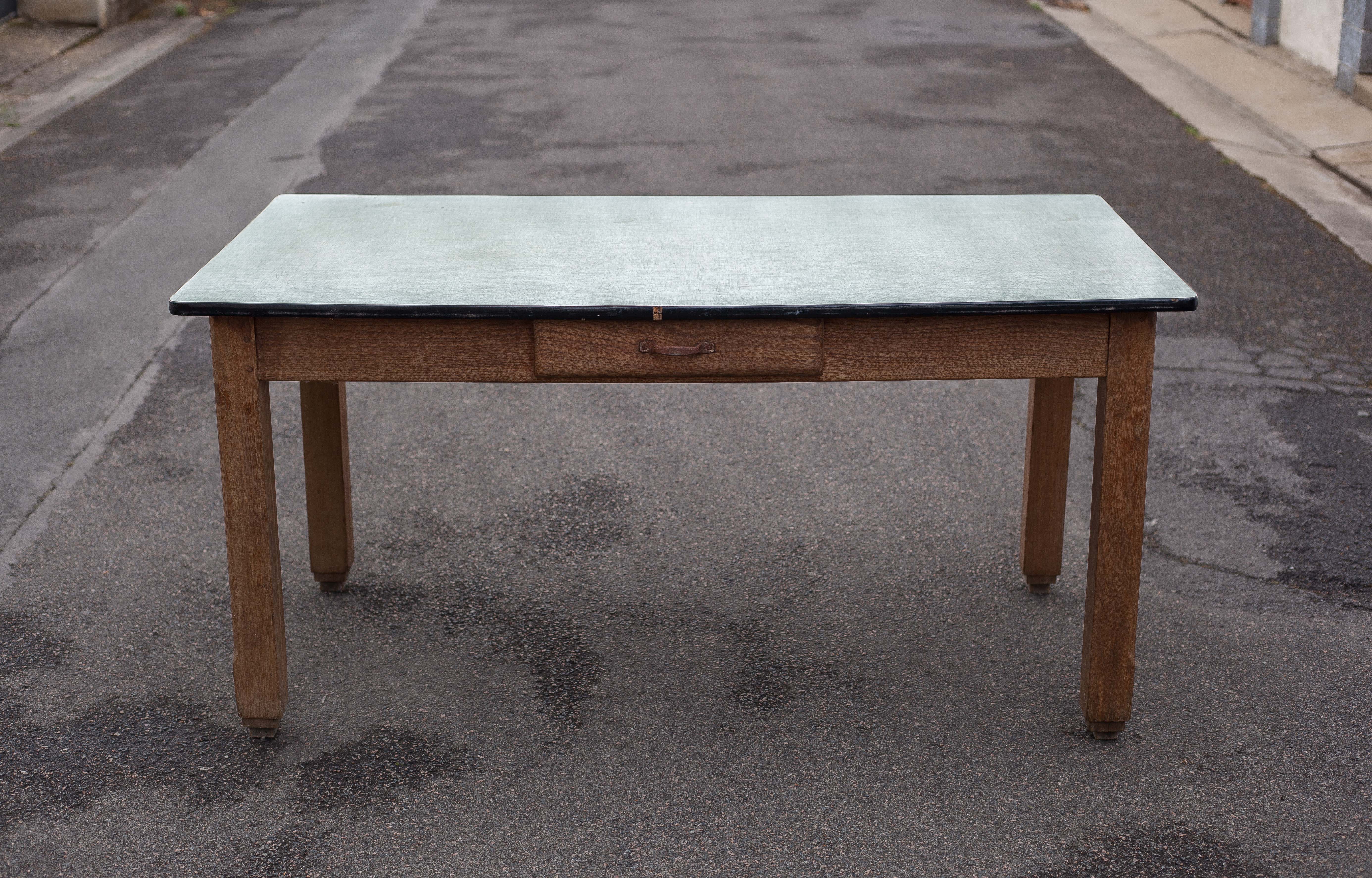 Wooden table formica top green vintage water