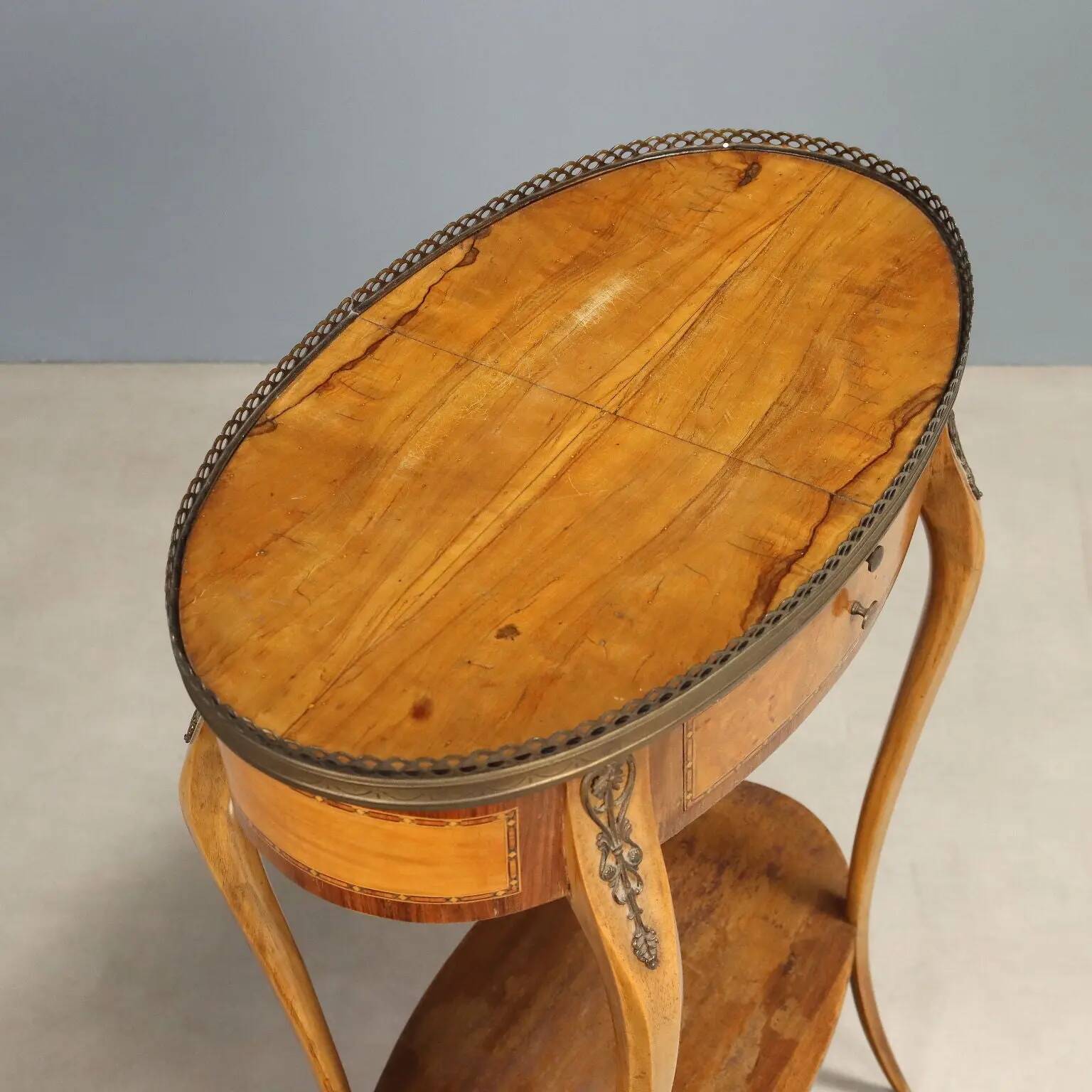 Small antique walnut and metal table, Italy, 20th century.