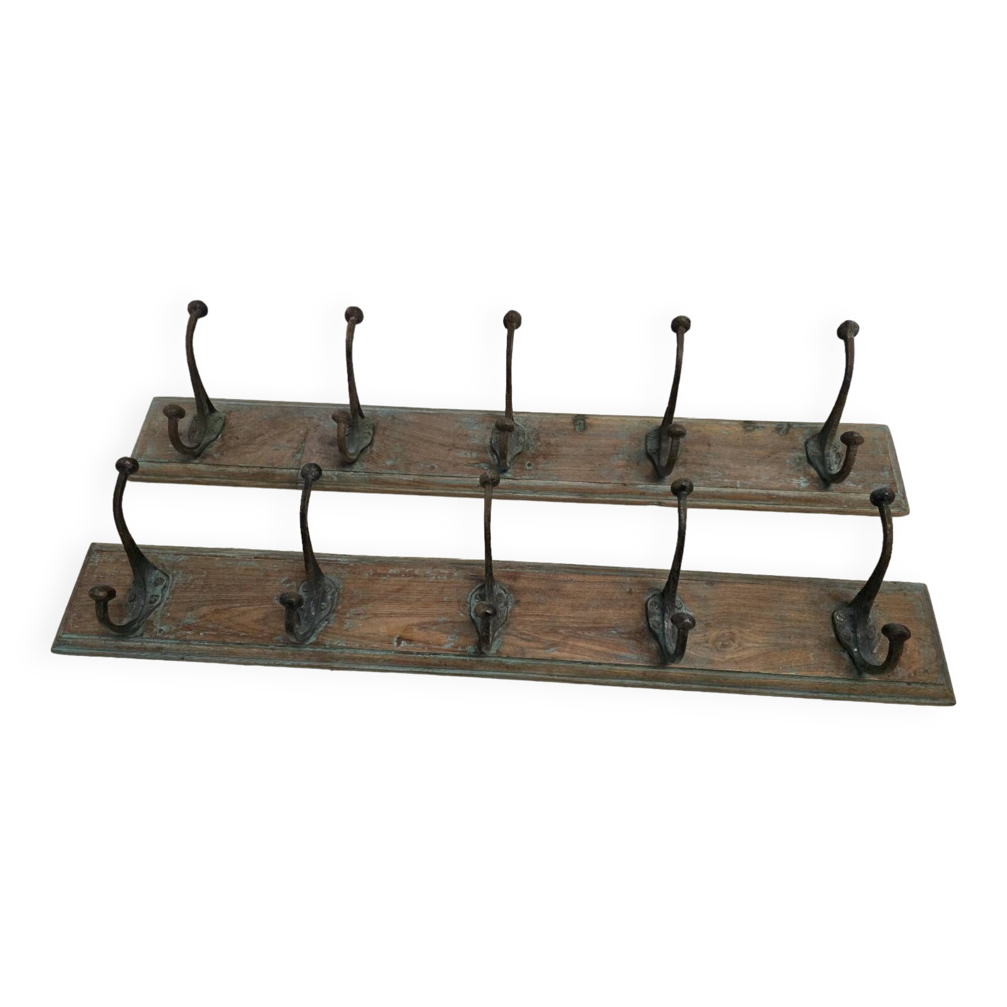 Wooden school coat rack and cast iron coat hooks