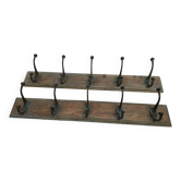 Wooden school coat rack and cast iron coat hooks