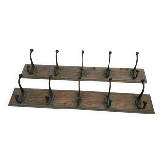 Wooden school coat rack and cast iron coat hooks