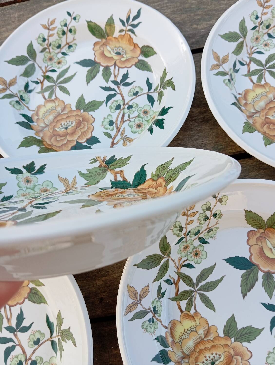 6 soup plates with orange and green flowers, Sologne porcelain, vintage