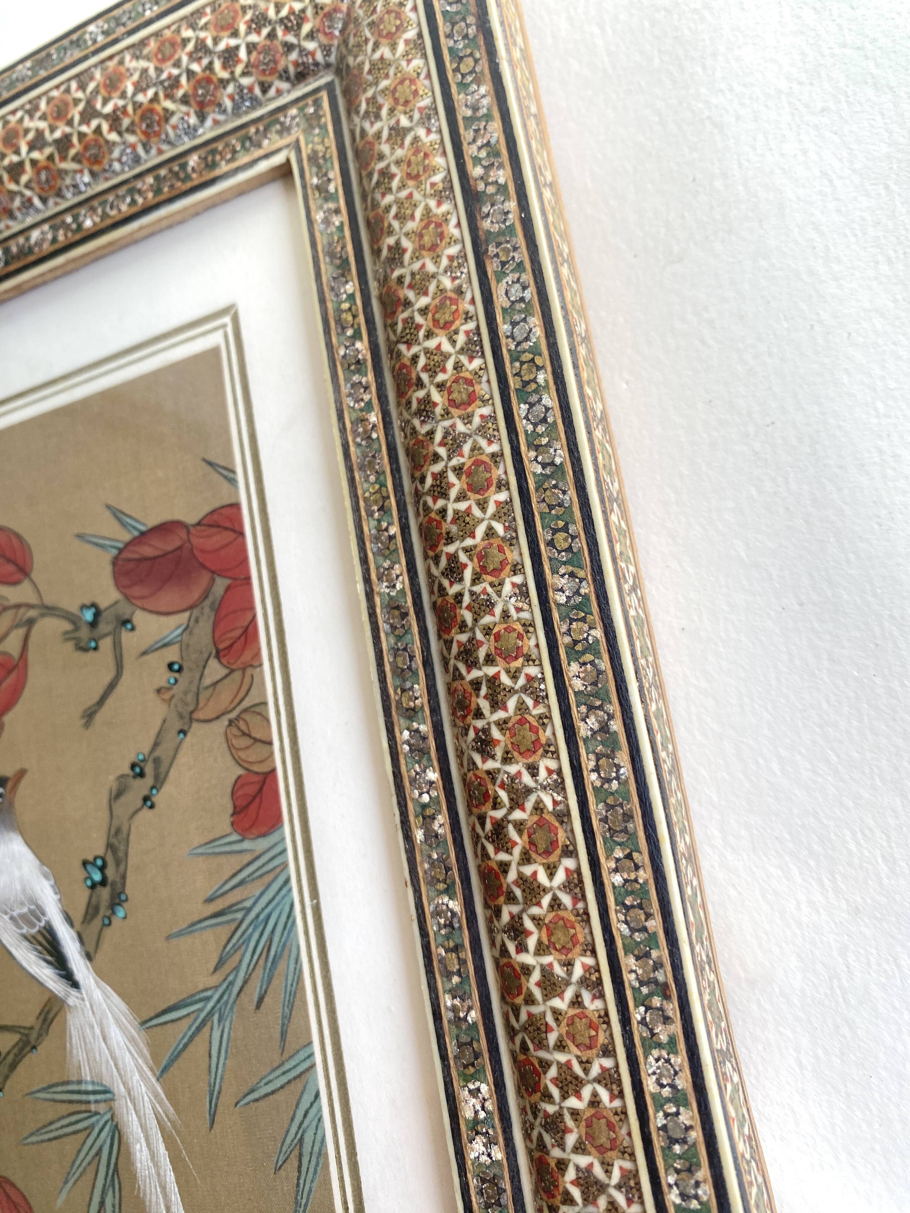 Ornithological painting, marquetry frame