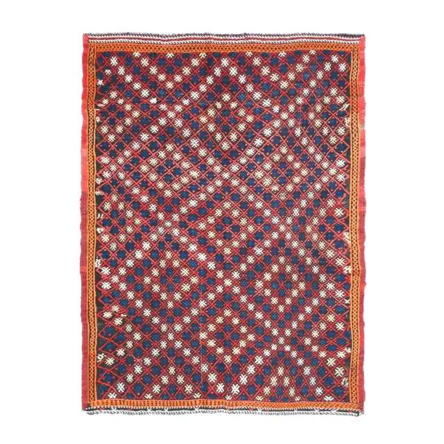 1970s Vintage Turkish Oushak Handmade Wool Cotton Red Runner Rug 161x214
