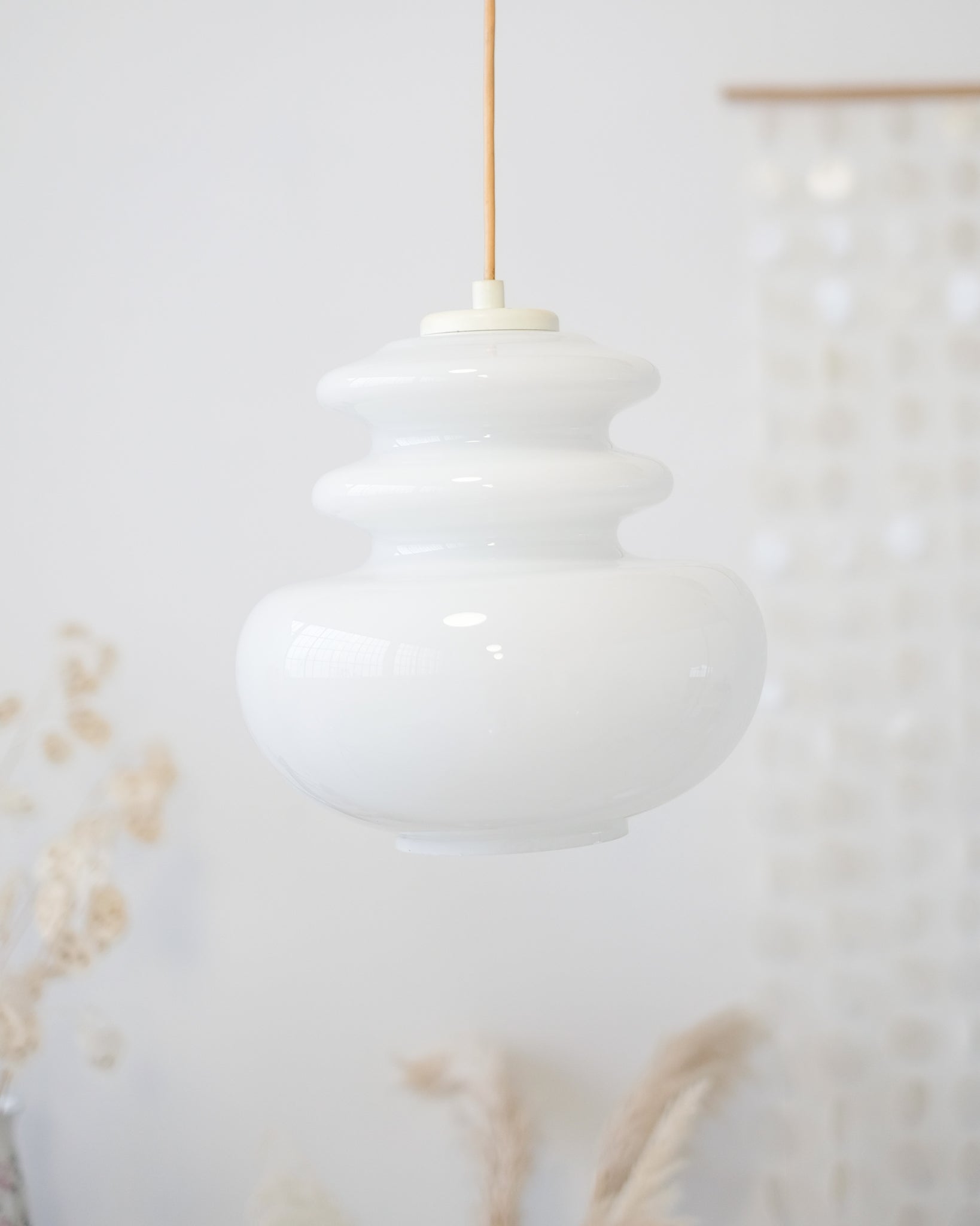 Large vintage suspension lamp in white opaline