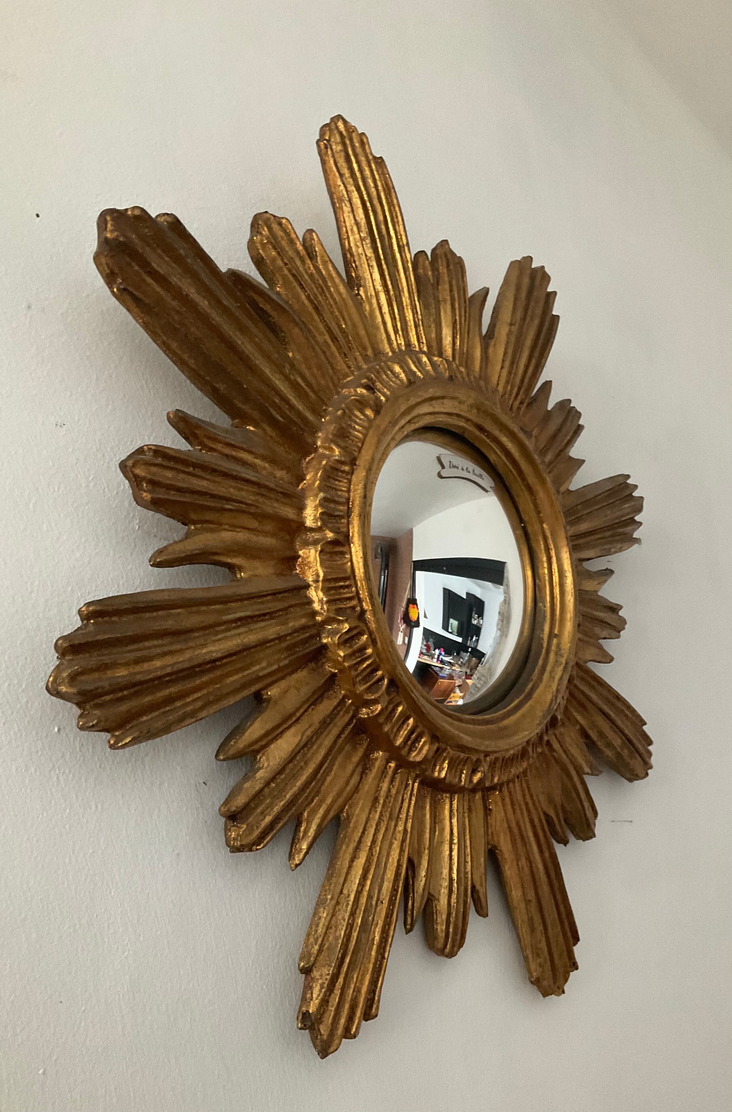 Vintage Witch Eye Mirror in Gilded Wood and Domed Glass